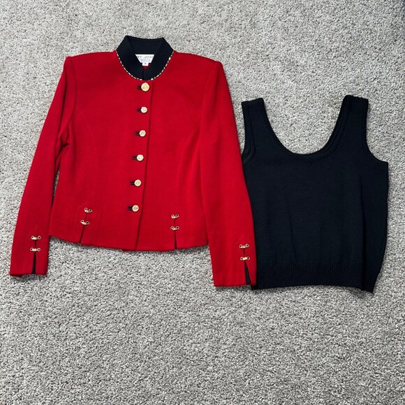 St. John Collection Womens Sz 8 Red Knit Blazer & Black Tank Set Gold Button - Picture 14 of 14